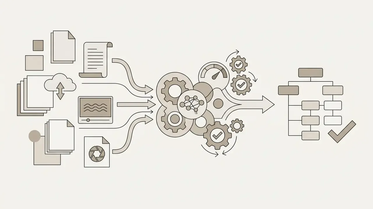 Documents and media files feeding into a central processing engine to generate a structured output chart
