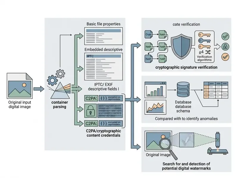 technical metadata verification process explaining how to check images for AI creation markers