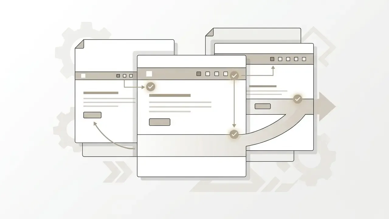 Multiple page layouts with checkmarks indicating consistent placement of navigation and buttons