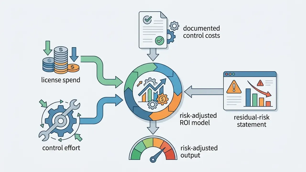 Inputs like license spend and control effort feeding a circular ROI model that outputs a risk gauge