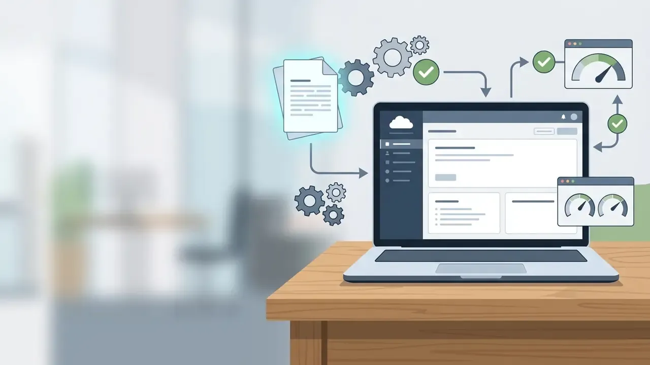 Laptop on a wooden desk showing a cloud dashboard with connected document and performance gauge icons