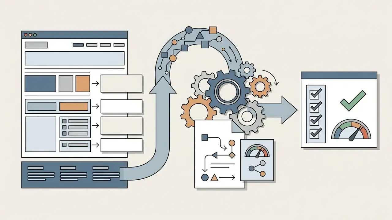 Web interface data flowing through gears and a process document to a final status dashboard