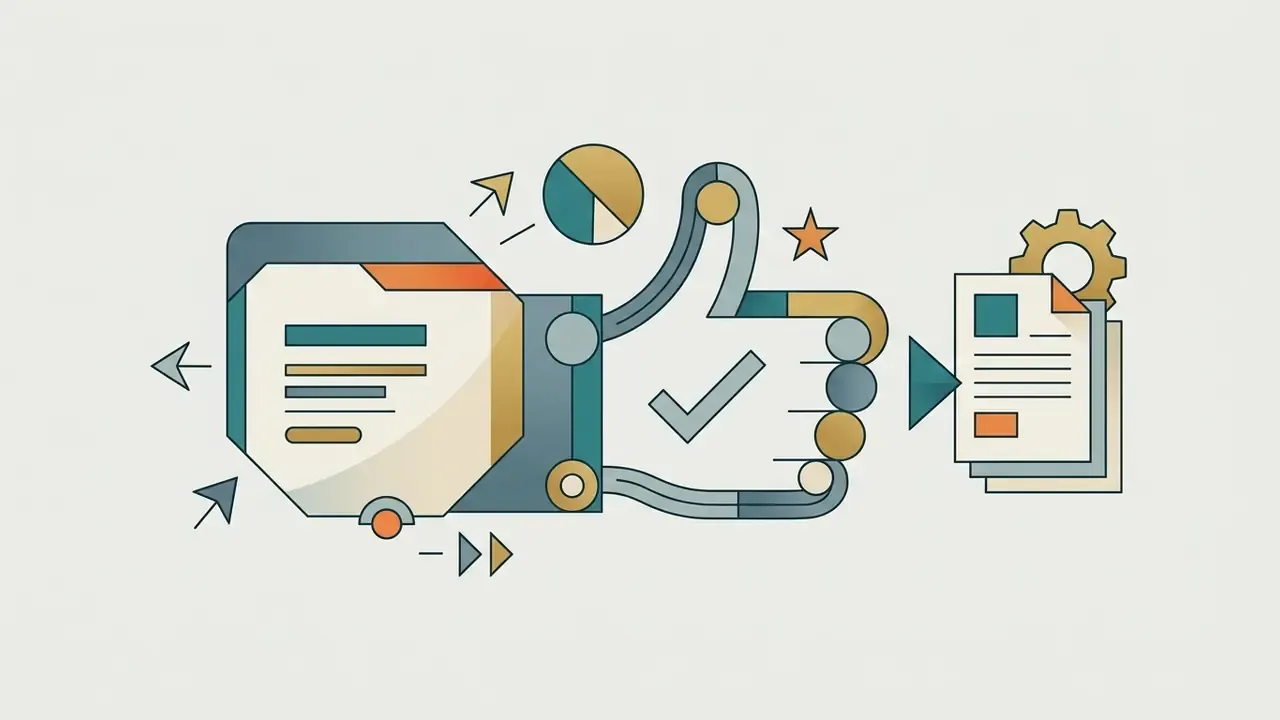 Stylized thumbs up icon connecting a digital document to a gear-topped file for creative content creation