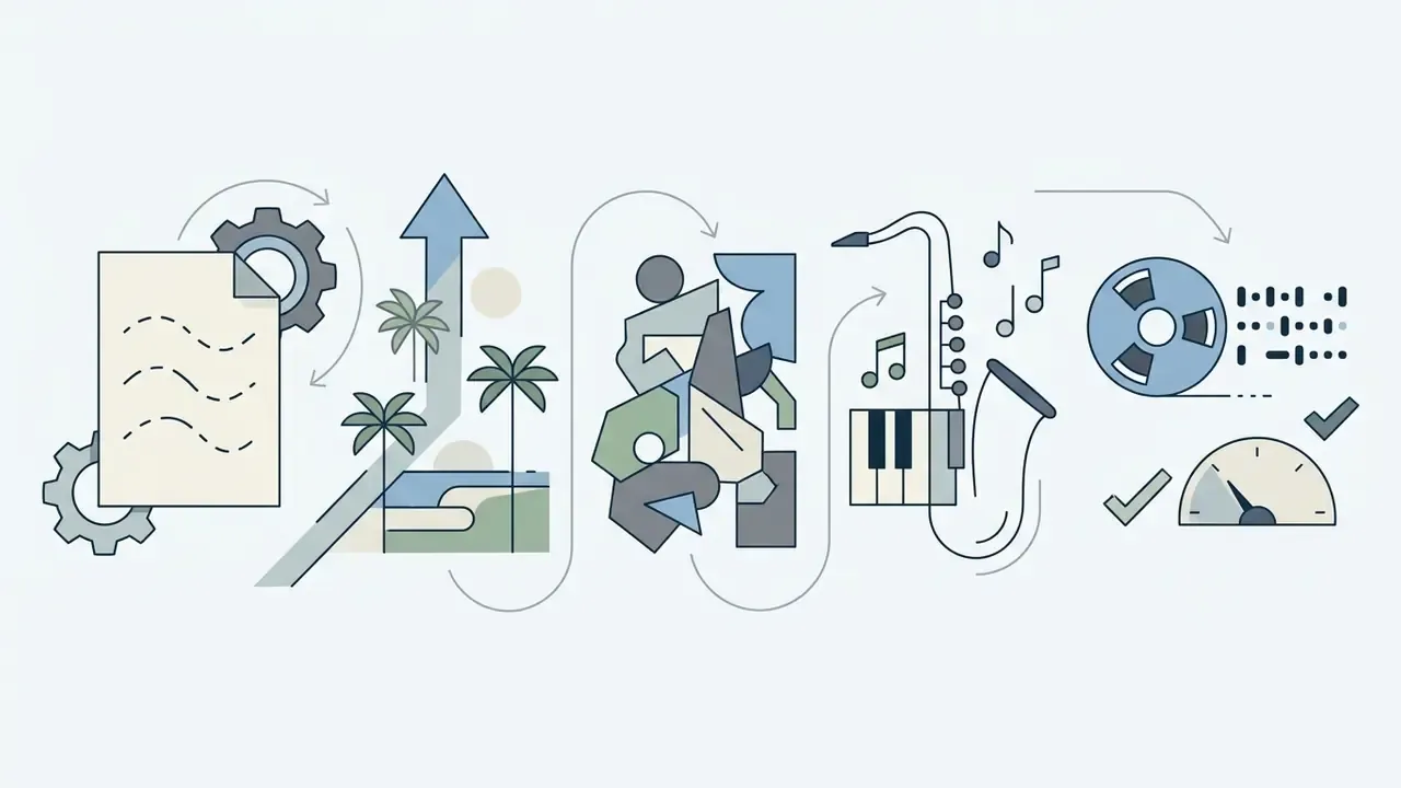 Musical icons like a saxophone and piano linked to palm trees and data gauges for an AI song creator