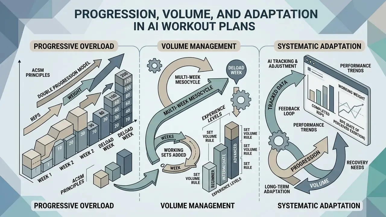 Diagram illustrating progressive overload, volume management, and systematic adaptation for training