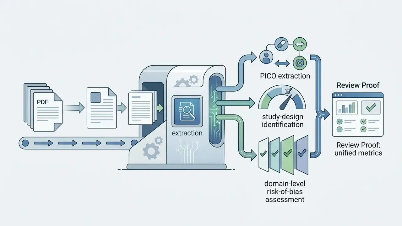 PDF files moving through an extraction processor to generate PICO, study design, and risk-of-bias outputs