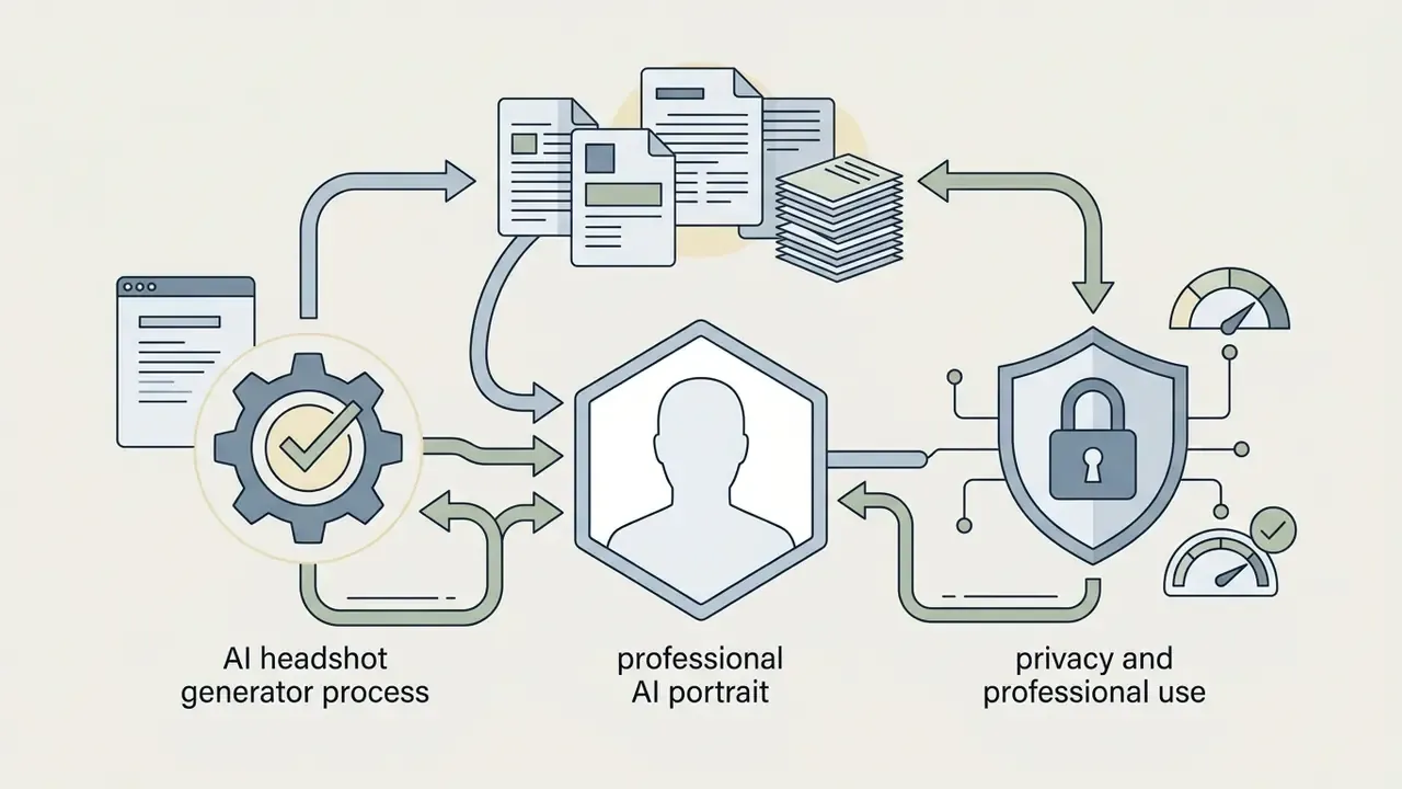 Portrait silhouette in a hexagon connected to document stacks, processing gears, and a security shield