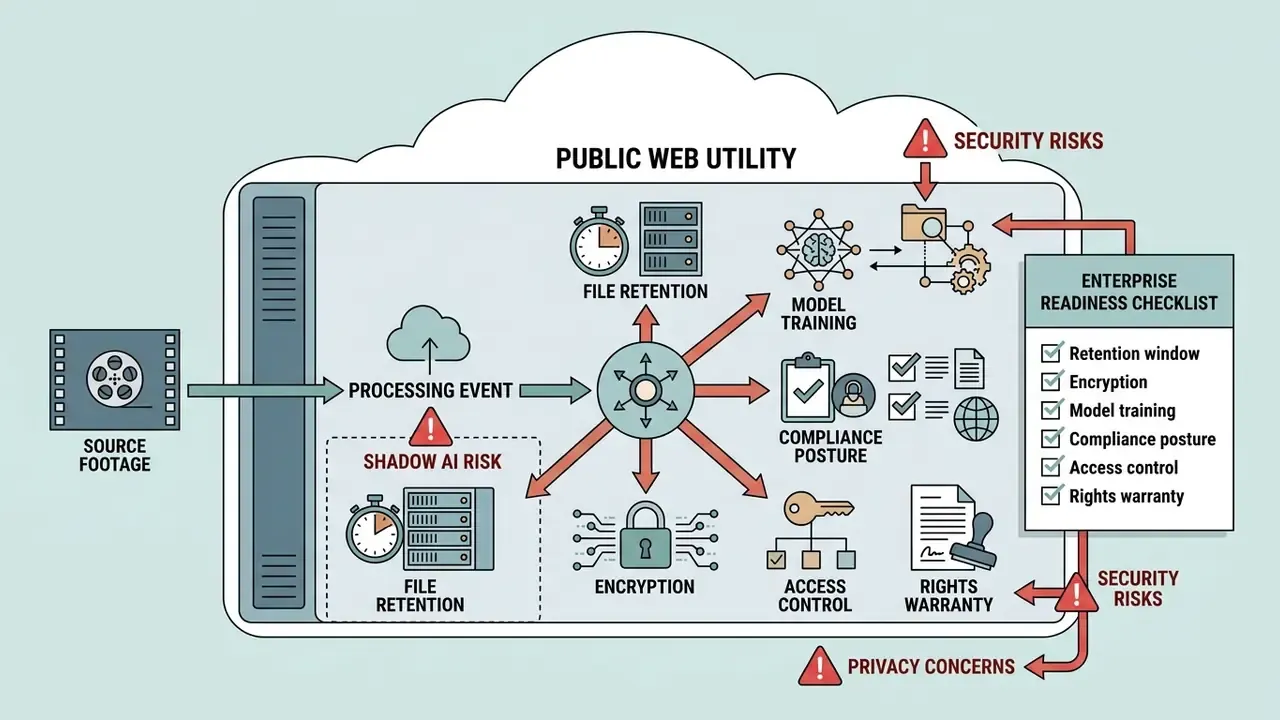 Diagram showing data security and privacy risks when using a public web utility to crop video online