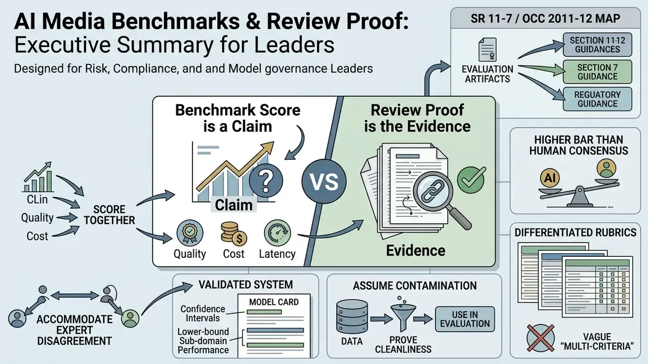 Infographic comparing AI benchmark scores as claims versus review proof as evidence for model governance