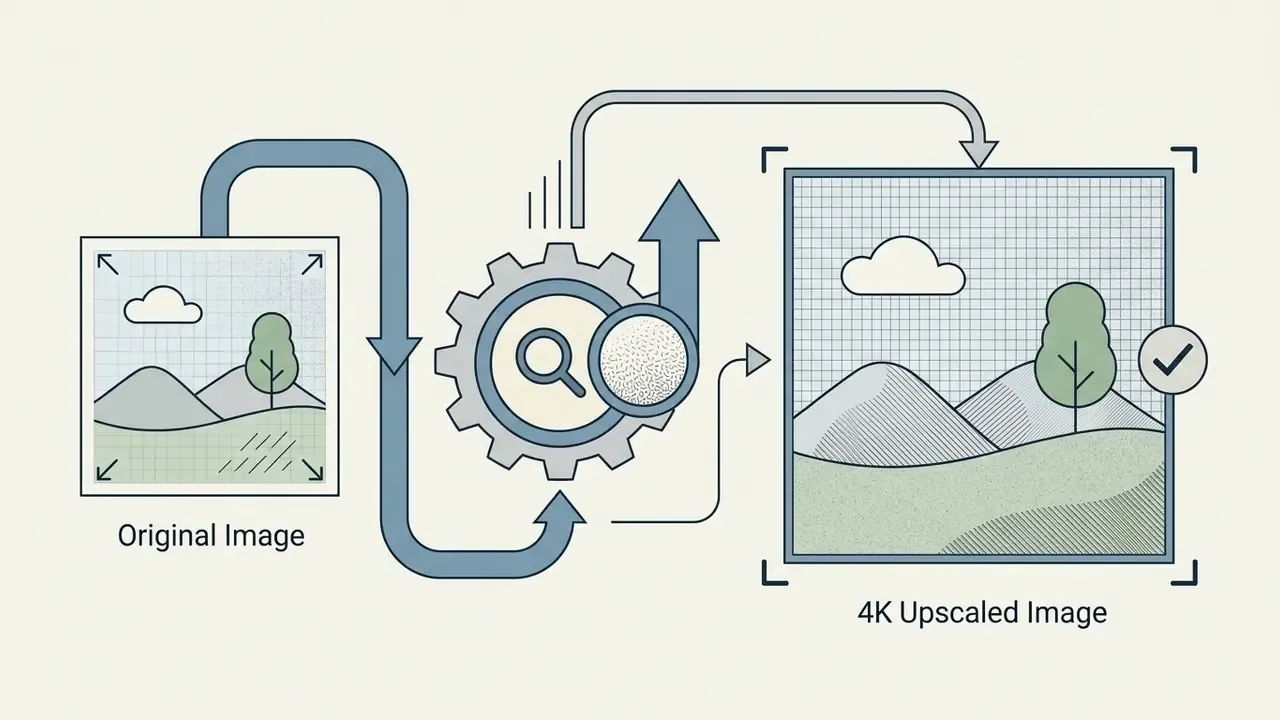 Original image flowing through a gear mechanism to become a larger 4K upscaled version with a checkmark
