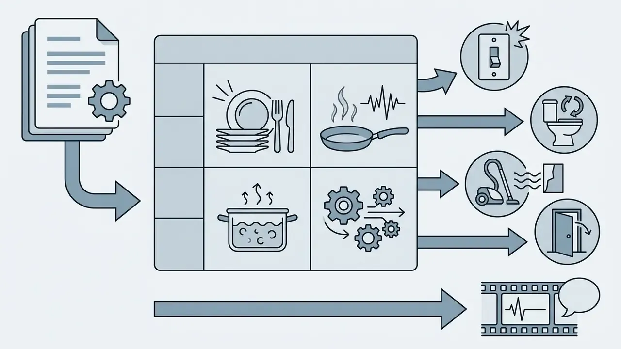 Grid of household icons connecting to specific sound effect circles and a film strip with dialogue