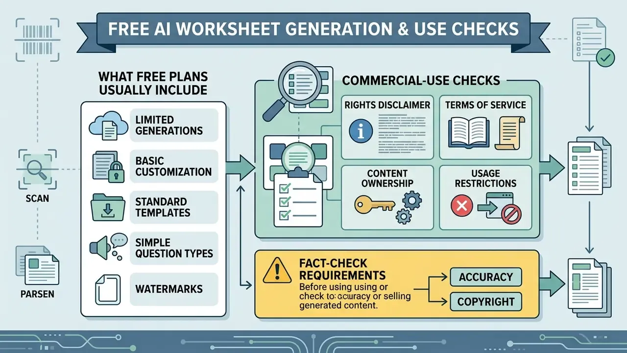 Infographic outlining features of free plans and necessary commercial rights and accuracy checks