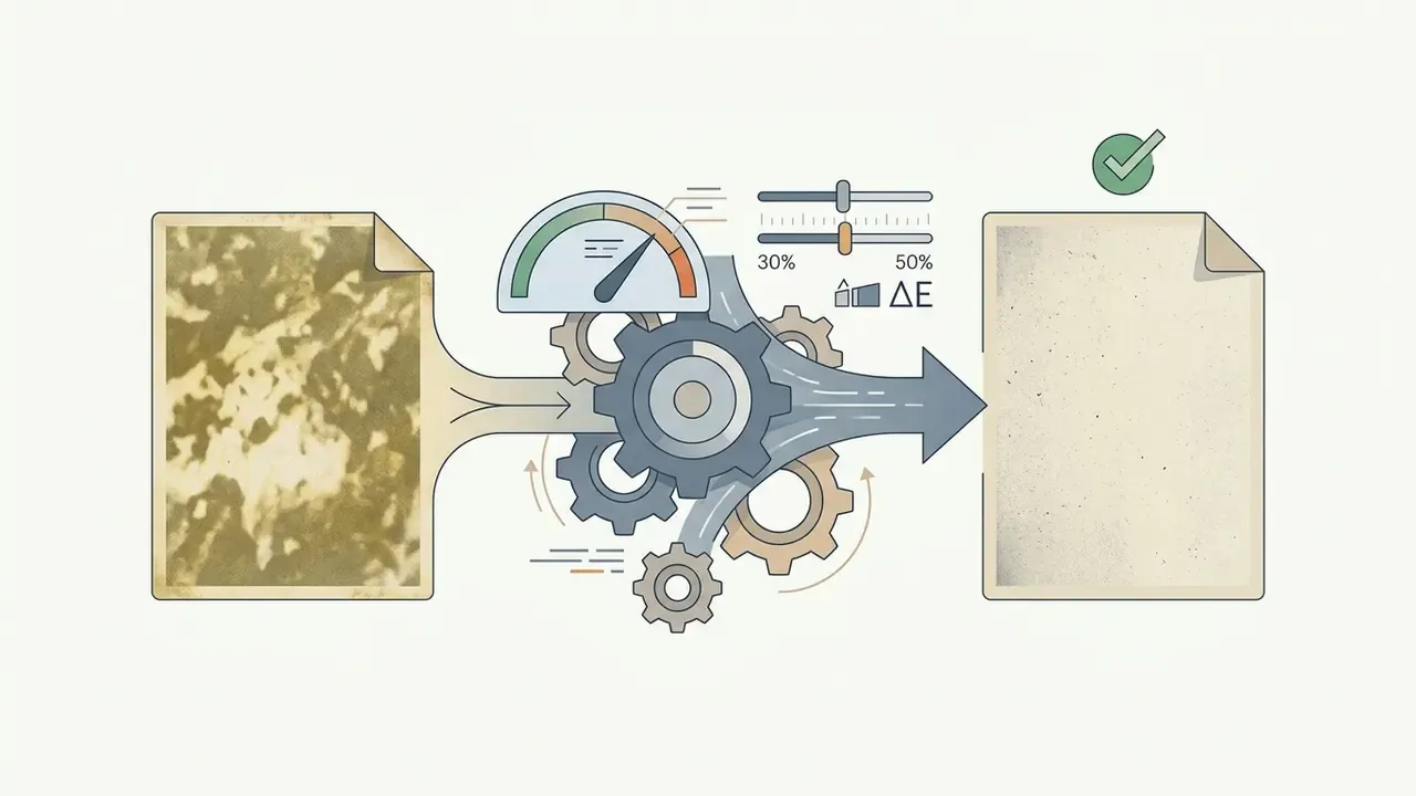 Vintage photo being processed through gears and a gauge to produce a color corrected image