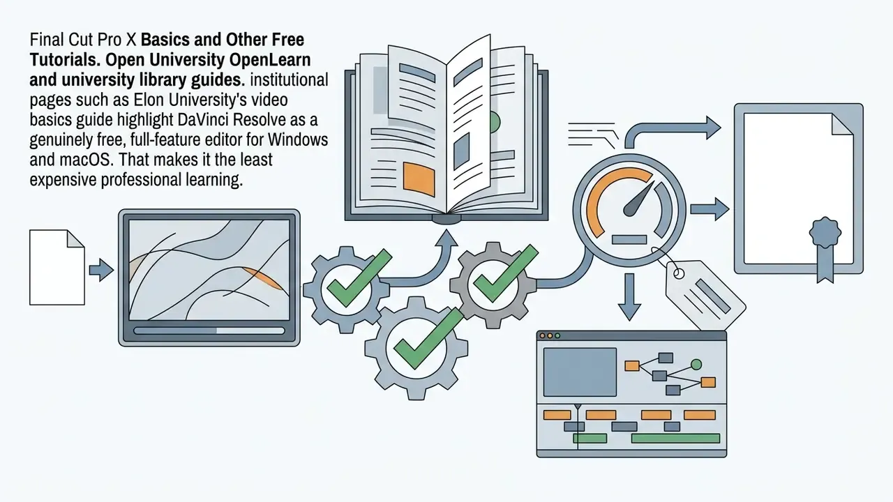Document and software window feeding into gears, a textbook, a performance gauge, and a certificate