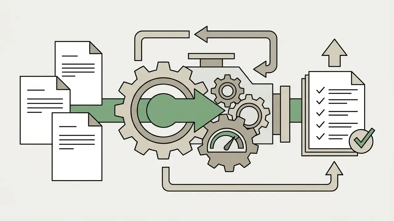 Multiple document icons feeding into a mechanical gear system that outputs a finalized and verified checklist