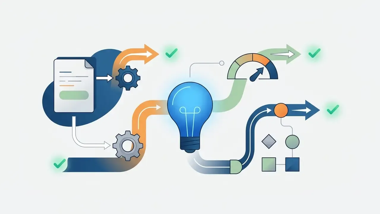 Document icon feeding into gears, a lightbulb, and a gauge with checkmarks indicating successful steps