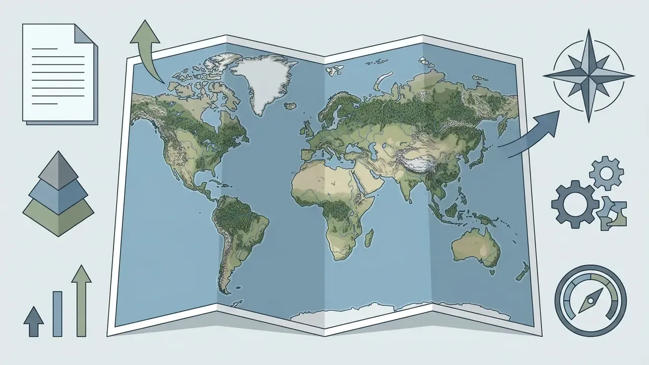 World map surrounded by icons of a document, a compass rose, gears, and a layered pyramid
