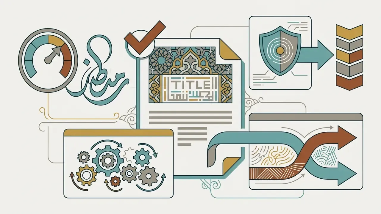 Document with ornate Arabic calligraphy and title frame surrounded by icons of gears and a shield