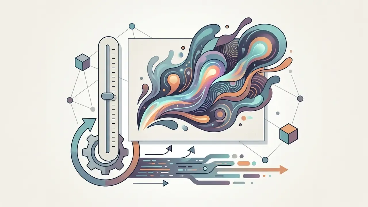 Vertical slider next to a rectangular frame containing colorful abstract fluid shapes and digital data paths