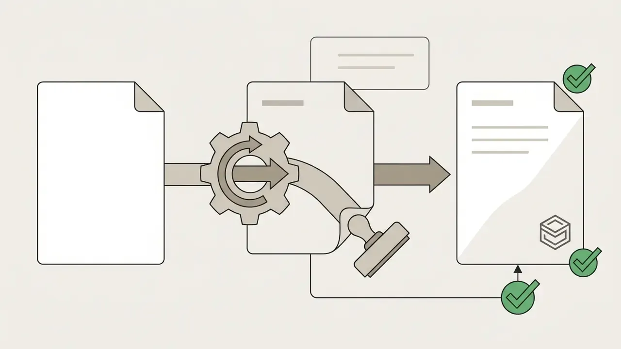 Document moving through a gear mechanism and getting stamped with a logo before receiving checkmarks