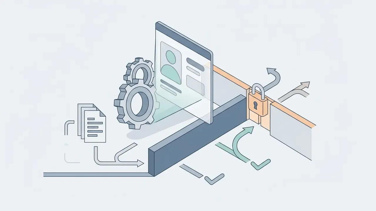 Gears processing a user profile card toward a locked gate with checkmarks indicating restricted access