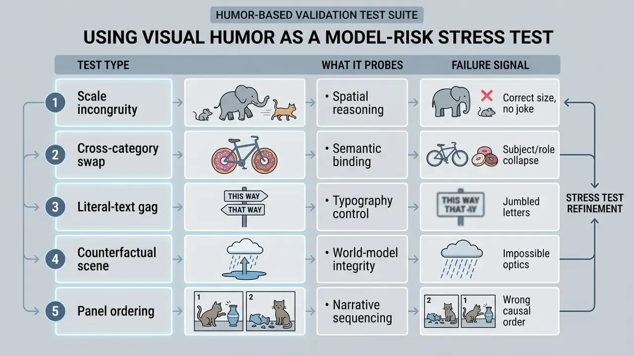 Table mapping humor test types to probed cognitive skills and specific AI failure signals
