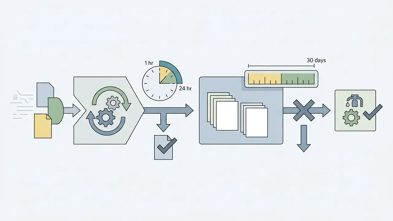 Diagram showing data processing timelines with icons for file deletion and system sanitization