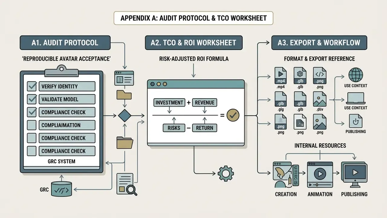 Summary of audit protocols, risk-adjusted ROI formulas, and file export workflows for AI avatar systems