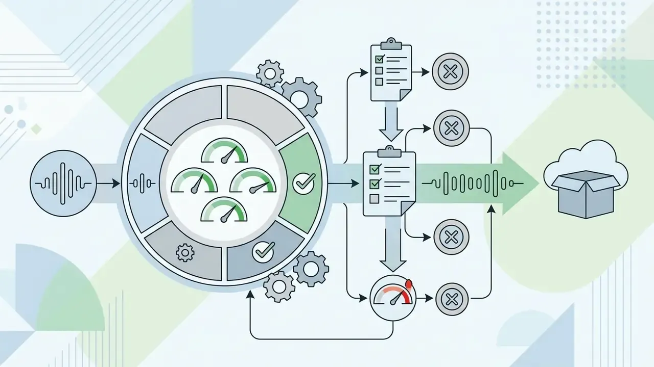 Circular gauge system filtering audio inputs through quality checklists for an AI child voice generator