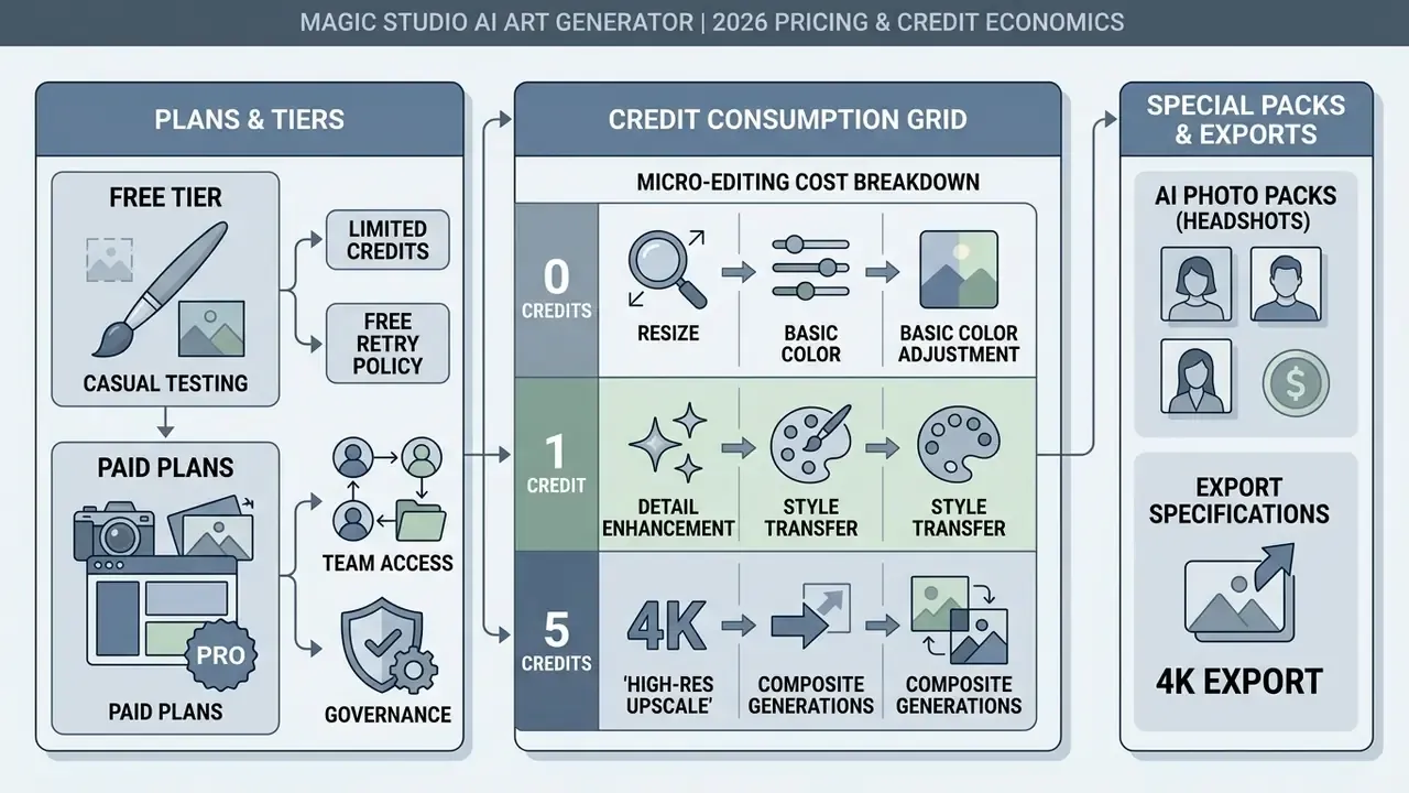 Diagram detailing credit costs for editing tasks alongside plan tiers and export options