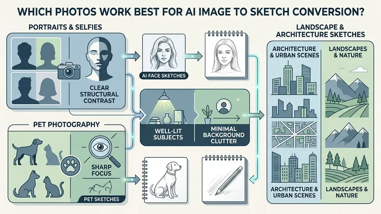Infographic detailing optimal photo characteristics like structural contrast and lighting for sketch conversion