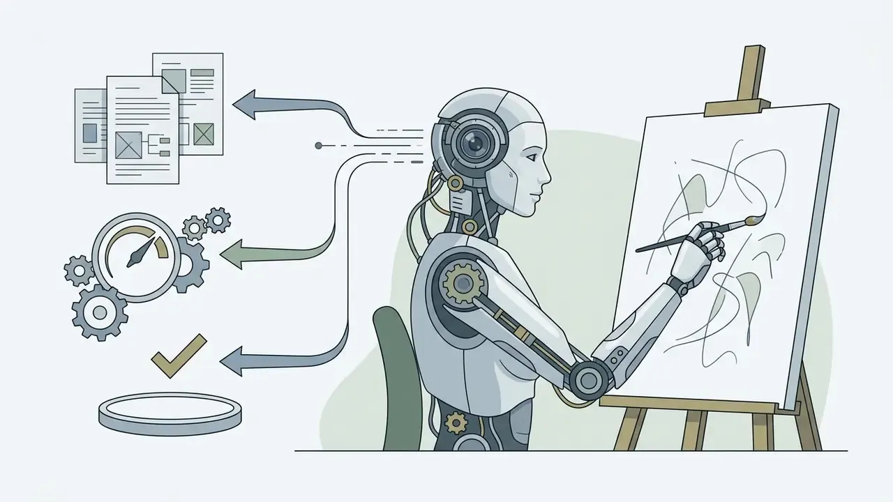 Humanoid robot painting on a canvas connected to data processing icons and a speed gauge
