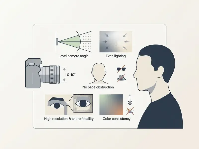 Infographic showing camera angle, lighting, and clarity requirements for an optimal AI portrait generator photo