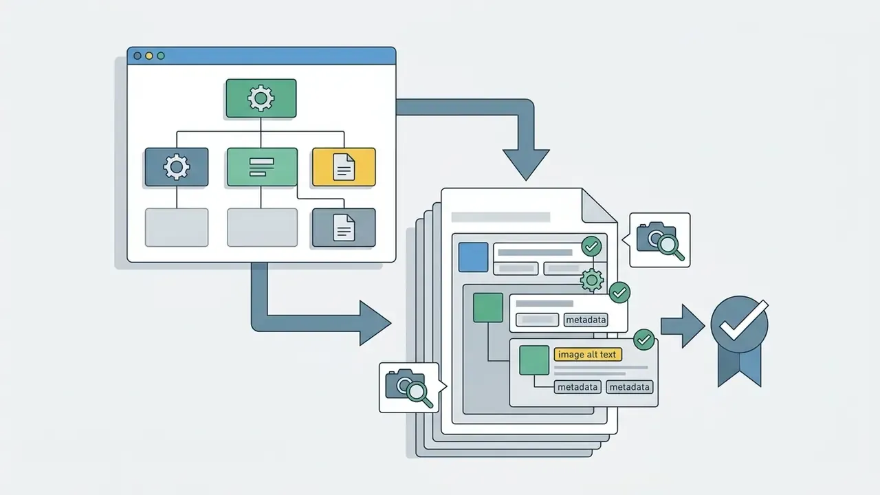 Hierarchical content blocks flowing into a document stack with metadata and image alt text tags