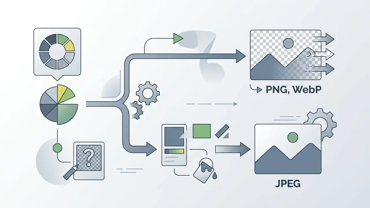 Process showing color selection splitting into transparent PNG or WebP files and solid background JPEGs