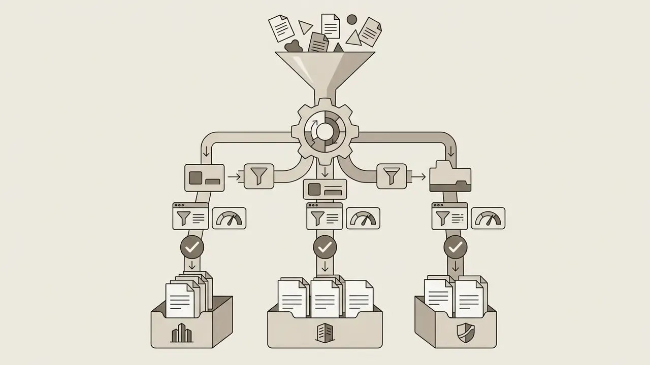 Files entering a funnel and gear mechanism to be filtered and sorted into three distinct storage bins