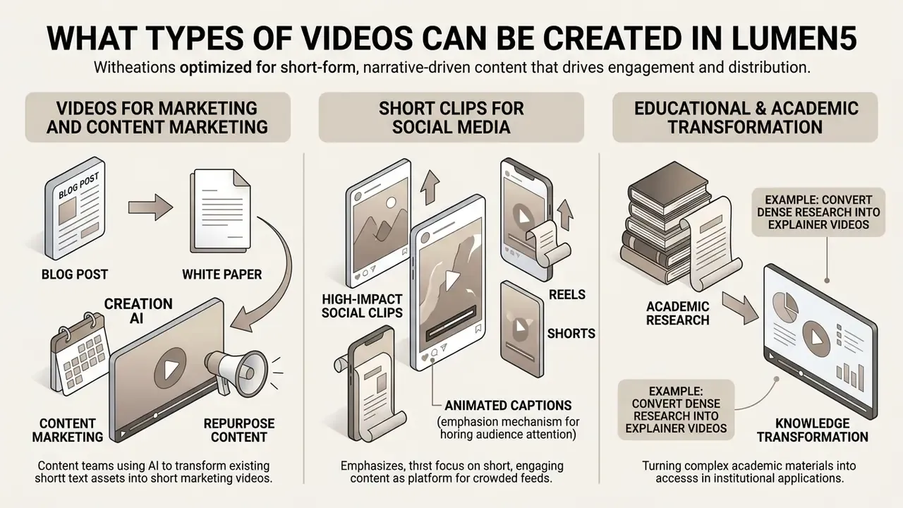 Infographic showing how Lumen5 AI converts blog posts, social clips, and research into video content