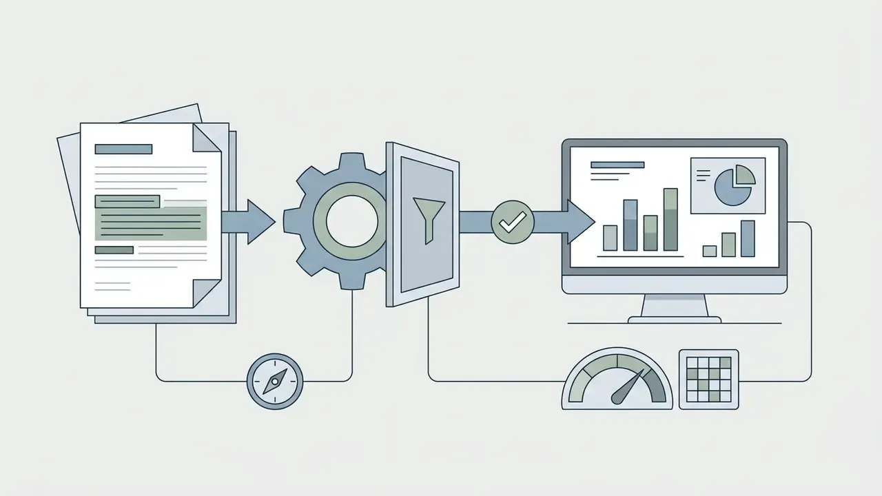 Documents flowing through a gear and filter process to a computer monitor displaying data visualizations