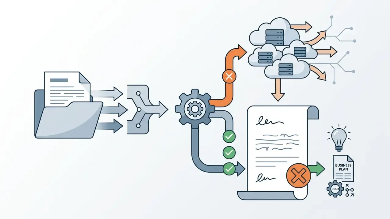 Folder contents moving through a gear mechanism to cloud servers and a marked contract document