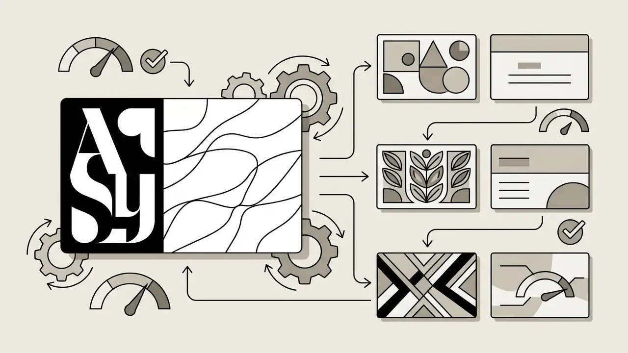 Typography card design connected to gear mechanisms and performance gauges with varied visual style outputs