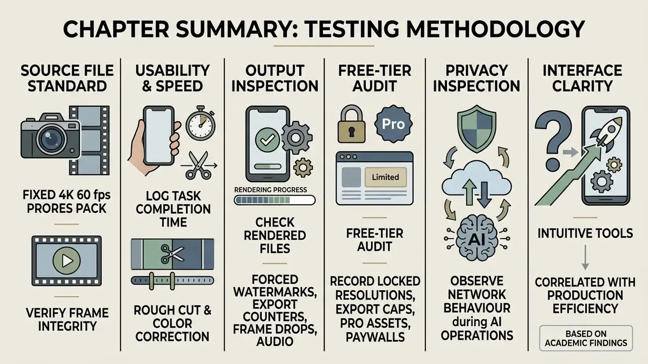 Infographic columns detailing the standardized evaluation criteria for iPhone video editing software