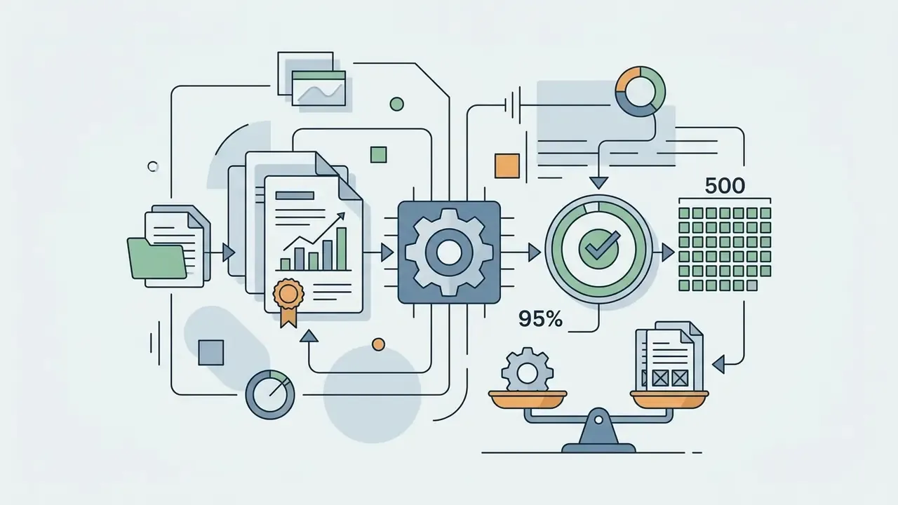 Documents and data flowing through a central gear mechanism into a status indicator and balance scale