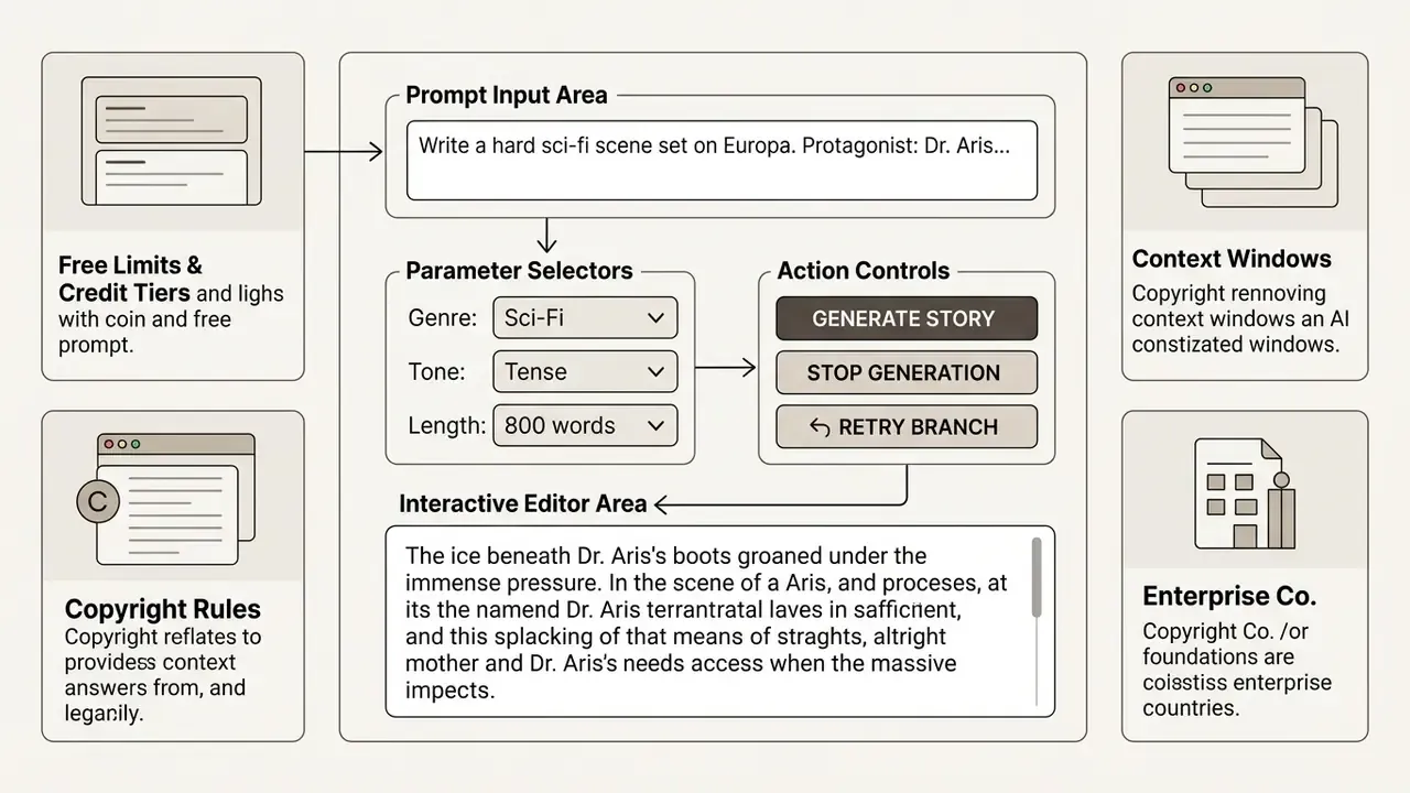 Interface layout featuring a prompt input box, parameter selectors, action buttons, and an editor window