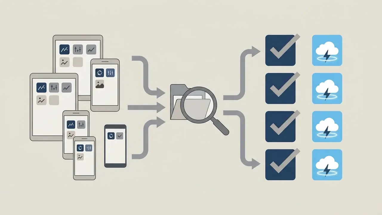 Mobile devices feeding into a folder search icon leading to verified app and cloud AI feature markers