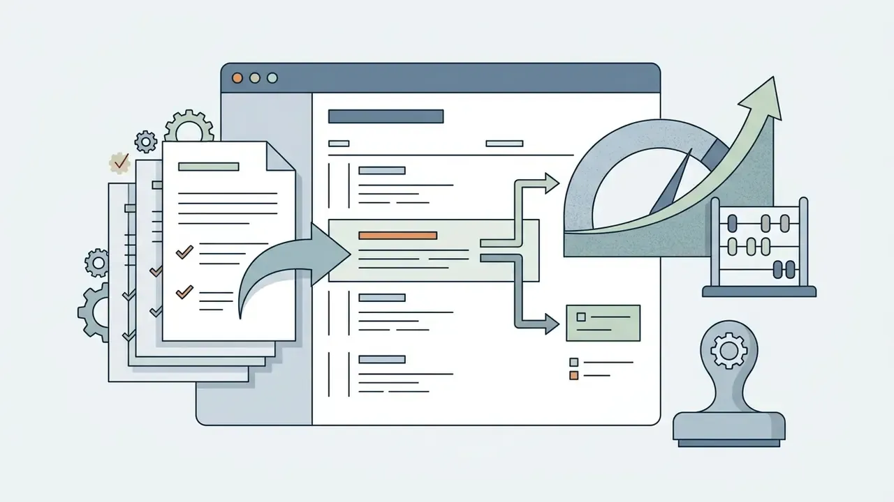Checklist documents feeding into a digital interface with growth trends, an abacus, and a verification stamp