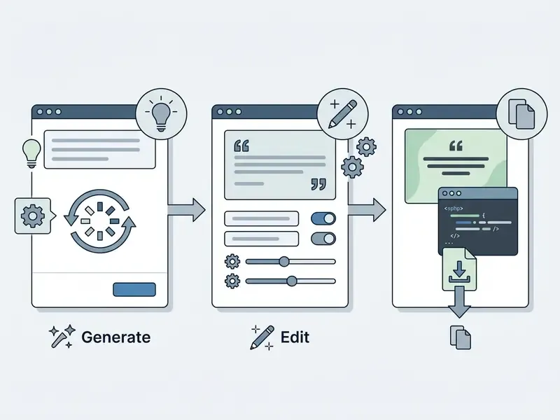 Three sequential browser windows illustrating the process of creating, customizing, and exporting text content
