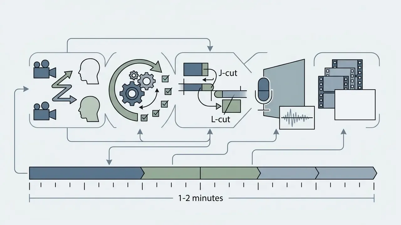 Process diagram showing multicam editing, J and L cuts, and audio matching over a two minute timeline