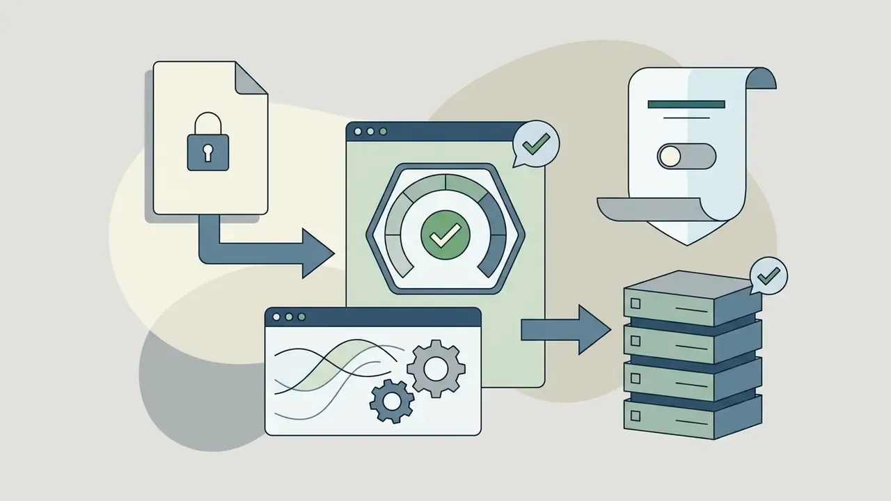 Secure document and settings flowing into a verified platform hub connected to a server stack