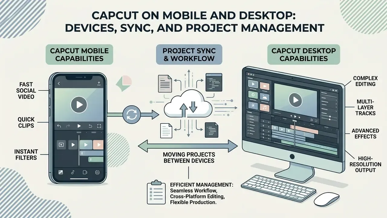 Infographic showing cloud synchronization of CapCut projects between mobile devices and desktop computers