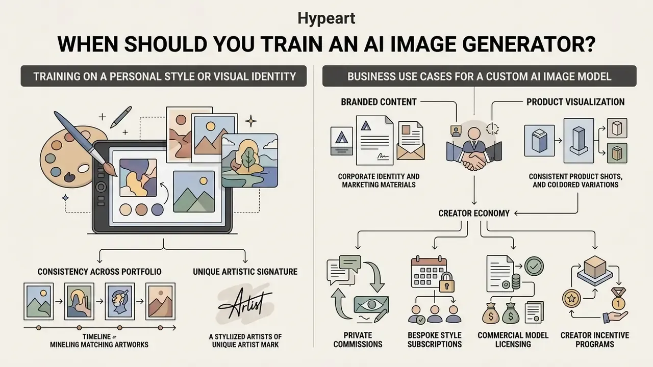 Infographic comparing personal style training and business use cases for custom AI image models